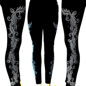 Regular Size Full Length Leggings Embellished Rhinestone & Silver Stud Mardi Gras Leaves Design Both Legs