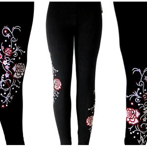 Plus Size Full Length Leggings Embellished Rhinestone Trailing Red & Crystal Roses and Vines Staggered Design
