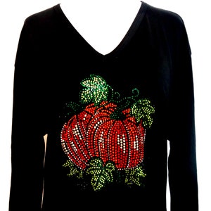 May include: Black long-sleeved shirt with a rhinestone pumpkin design. The pumpkin is red and orange with green leaves.