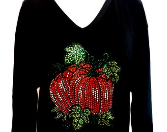 Halloween or Thanksgiving Top Hand Embellished All Rhinestone Pumpkin & Vines Knit Top Available Sizes Small Up To Plus Size 3X