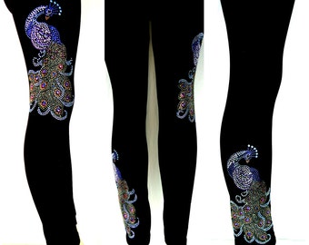 Plus Size Full Length Leggings Embellished Rhinestone Peacocks Design