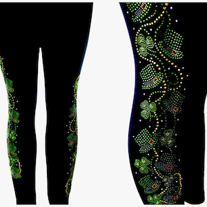 May include: Black leggings adorned with a pattern of green and yellow rhinestones. The design incorporates shamrocks and leprechaun hats, offering a festive appearance. These form-fitting leggings are suitable for various occasions.