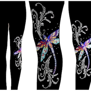 Regular Size Full Length Leggings All Rhinestone Colorful Fire Dragonfly Design