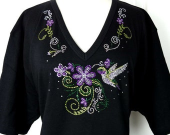 Hand Embellished Rhinestone and Shiny Stud Purple Hummingbird Floral Short or 3/4 Sleeve Knit Top Available Sizes Small Up To Size 3X