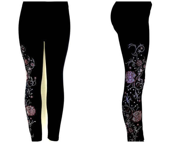 Plus Size Full Length Leggings Embellished Rhinestone Trailing Pink &  Crystal Roses and Vines Design 