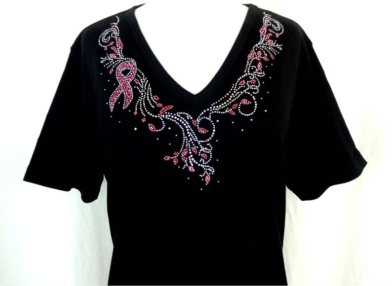 Embellished Rhinestone /& Stud Breast Cancel Ribbons Jeweled Neckline Short Sleeve Knit Top Available Sizes Small Up To Size 3X