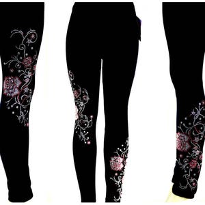 Plus Size Full Length Leggings Embellished Rhinestone Trailing Pink & Crystal Roses and Vines Design