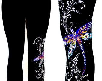 Plus Size Capri Length Leggings Embellished All Rhinestone Fire Dragonfly Swirl Design