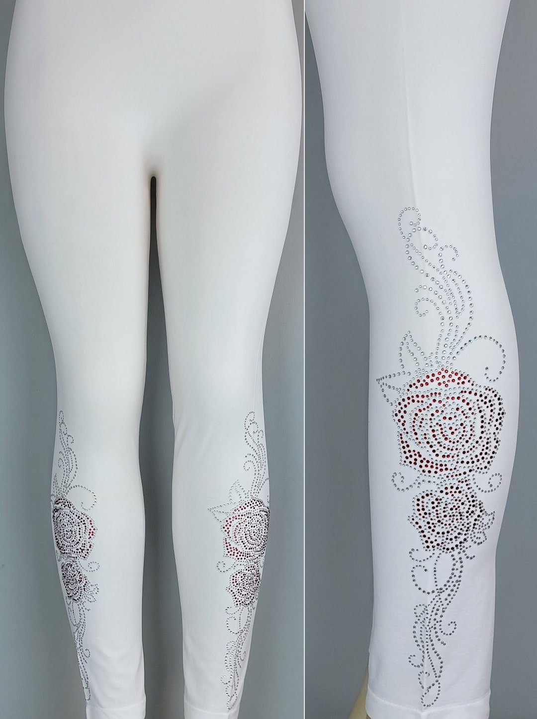 SALE Plus Size Full Length White Leggings Embellished Red and Crystal ...