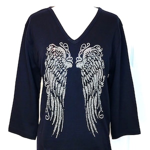 Hand Embellished Black & Crystal Fancy Ornate Feminine Angel Wings 3/4 or Short Sleeve V-Neck Knit Top Available Sizes Small Up To Size 3X