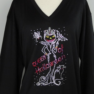 Queen of Halloween Top All Rhinestone Embellished Design 3/4 Sleeve V-Neck Knit Top Available Sizes Small Up To Size 3X