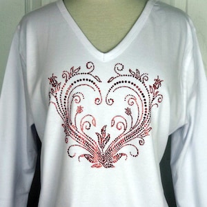 Hand Embellished Red Shiny Stud Rhinestone Valentine's Garden Heart Design 3/4 Sleeve V-Neck Knit Top Available Sizes Small Up To Size 3X