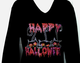 Happy Halloween Top Glowing Eyes 3 Scared Peeking Cats All Rhinestone Embellished 3/4 Sleeve V-Neck Knit Top Sizes Small Up To Plus Size 3X