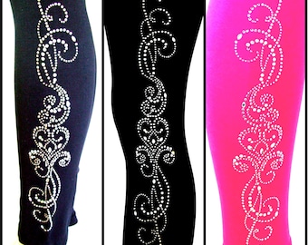 Vocal Leggings with Flowing Pattern Print & Crystal Stone Details in Black with Pink Design,92% Rayon & 8% Spandex 