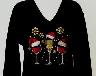 Embellished Rhinestone Santa Hat With Amber Gold Snowflakes Christmas Cocktails Round or V-Neck New Years 3/4 or Short Sleeve Small - 3X