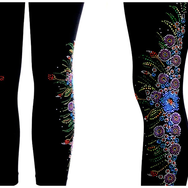 Plus Size Full Length Leggings Embellished Rhinestone Easter Floral Cascading Spring Bouquet Design