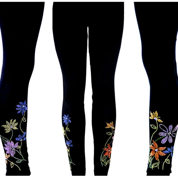 Leggings pleine longueur taille régulière Strass & Shiny Stud Floral Embellished Design