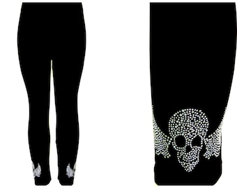 Regular Size Full Length Leggings Embellished Crystal Rhinestone & Silver Stud Gothic Biker Skull Wing Design