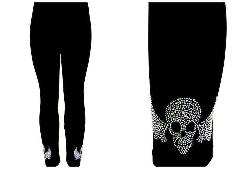 Regular Size Full Length Leggings Embellished Crystal Rhinestone & Silver Stud Gothic Biker Skull Wing Design image 1
