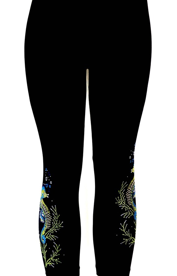 Regular Size Full Length Leggings Embellished All Rhinestone Shimmering Seahorse Design