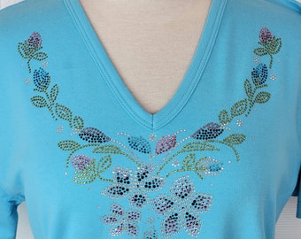 Embellished Rhinestone Cascading Spring Floral & Leaves Design 3/4 or Short Sleeve V-Neck Knit Top Available Sizes Small Up To Size 3X