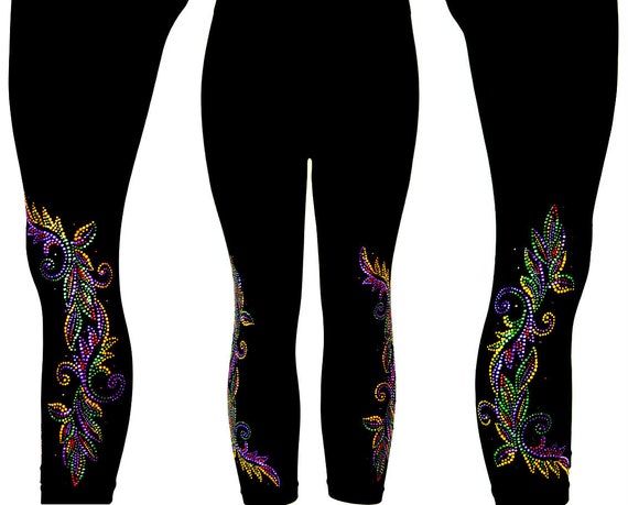 REGULAR SIZE Capri Length Leggings Embellished Rhinestone Vintage Swirls Design