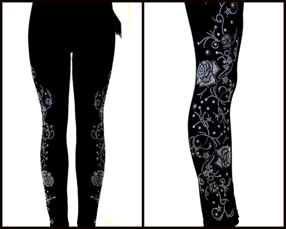 Plus Size Full Length Leggings Embellished Rhinestone Trailing Silver Gray Roses and Vines Design