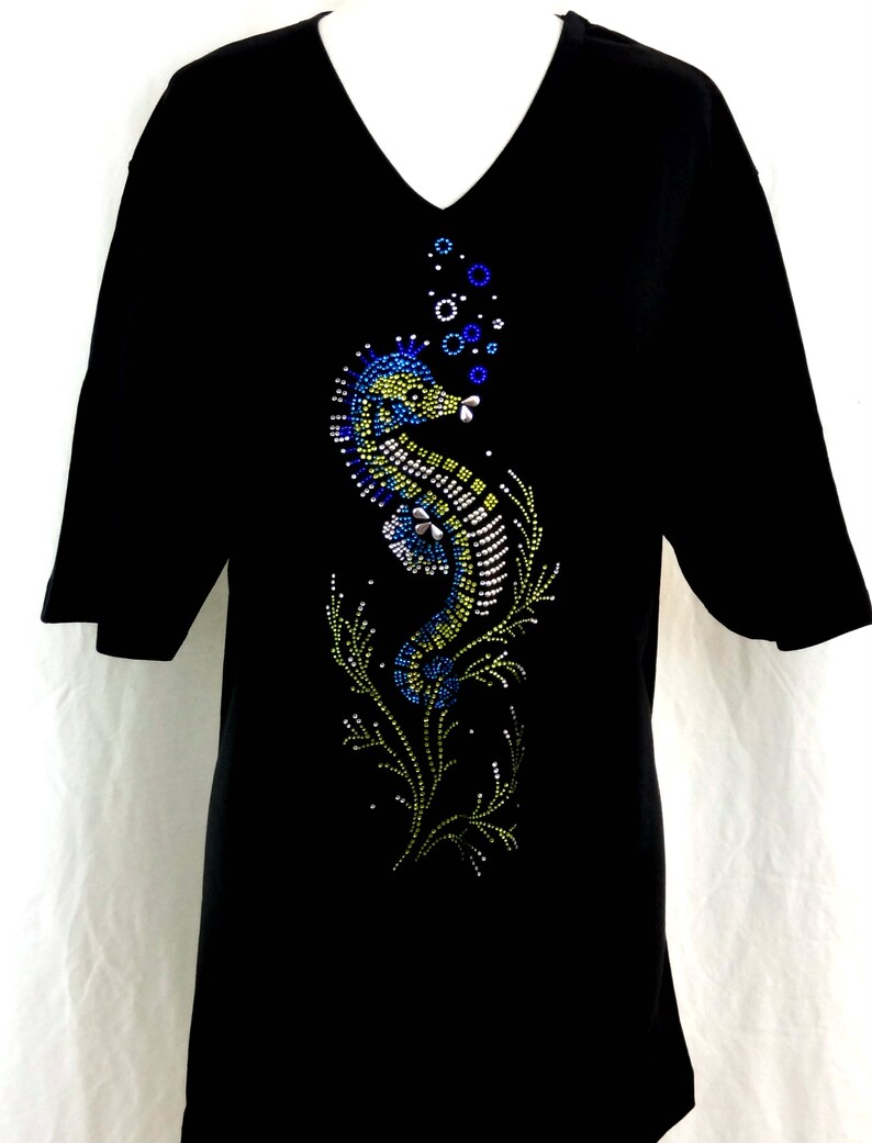 Regular Size Full Length Leggings Embellished All Rhinestone Shimmering Seahorse Design