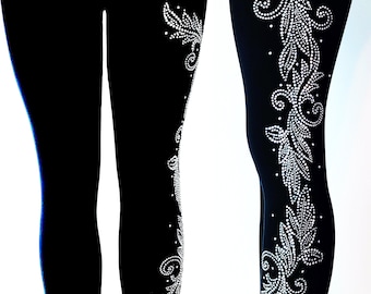 Plus Size Full Length Leggings Embellished Rhinestone Silver Stud Mardi Gras Leaves Design On One Leg