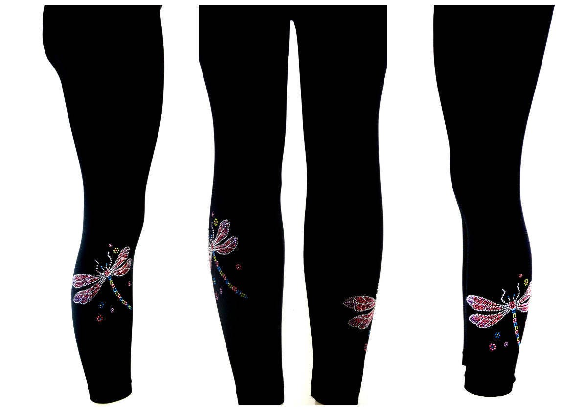 Regular Size Full Length Leggings Embellished All Rhinestone Shimmering Dragonflies Design