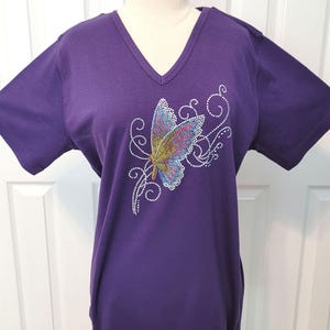 All Rhinestone Embellished Shimmering Rainbow Swirl Butterfly Short or 3/4 Sleeve Knit Top Available Sizes Small Up To Size 3X