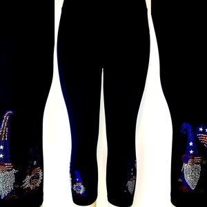 Plus Size Capri Length Leggings Embellished Rhinestone Patriotic Gnomes Memorial Day, Labor Day, July 4th, Election Day, New Years Day