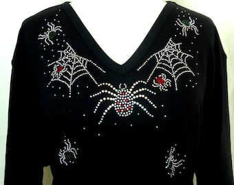Halloween Top  Spooky Spiders & Webs Hand Embellished All Rhinestone 3/4 Sleeve V-Neck Knit Top Available Sizes Small Up To Size 3X