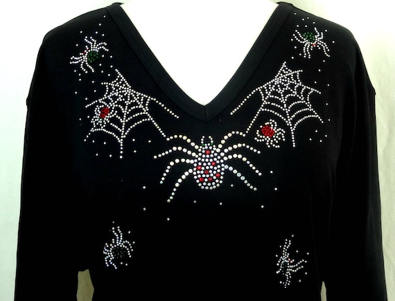 Halloween Top  Spooky Spiders & Webs Hand Embellished All Rhinestone 3/4 Sleeve V-Neck Knit Top Available Sizes Small Up To Size 3X