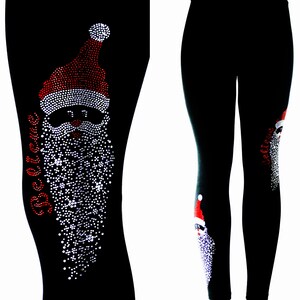 Regular Size Full Length Black Leggings Hand Embellished All Rhinestone Believe Santa Face Design