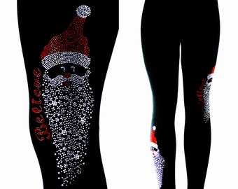 Regular Size Full Length Black Leggings Hand Embellished All Rhinestone Believe Santa Face Design