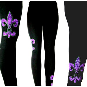 Regular Size Full Length Leggings Embellished Mardi Gras Purple Lined in Dark Green Fleur De Lis Design