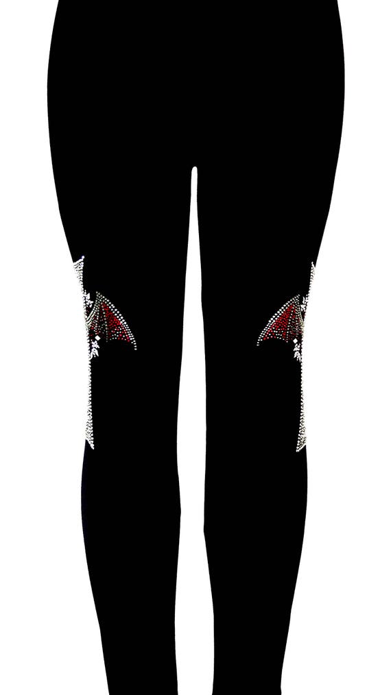 Regular Size Full Length Leggings Embellished Rhinestone and Silver Stud  Halloween Gothic Red Bat Winged Cross Design 