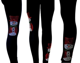 Regular Size Full Length Leggings All Rhinestone Embellished Red Top Hat & Cape Christmas Snowman With Snowflakes Design