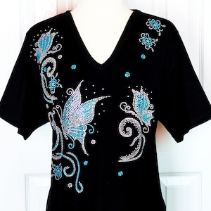 Embellished Rhinestone Iridescent Blue Butterflies & Crystal Swirl Floral 3/4 or Short Sleeve V-Neck Knit Top Sizes Small Up To Size 3X