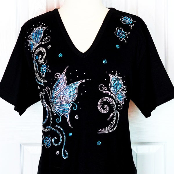Embellished Rhinestone Iridescent Blue Butterflies & Crystal Swirl Floral 3/4 or Short Sleeve V-Neck Knit Top Sizes Small Up To Size 3X