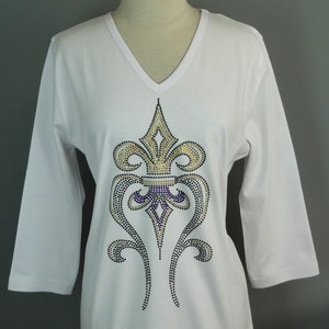 Embellished Multi-Colored Rhinestone & Stud Gold Green and Purple Mardi Gras French Fleur de Lis 3/4 or Short Sleeve Knit Top Small to 3X