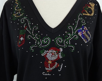 Hand Embellished Rhinestone & Shiney Stud Santa Xmas Themed V-Neck 3/4 Sleeve Knit Top Available Sizes Small Up To Size 3X