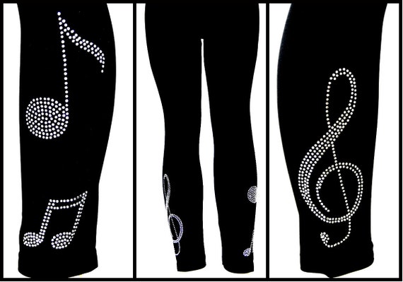 Regular Size Full Length Yoga Leggings Embellished All Crystal Rhinestone Musical Notes Instrumental Design