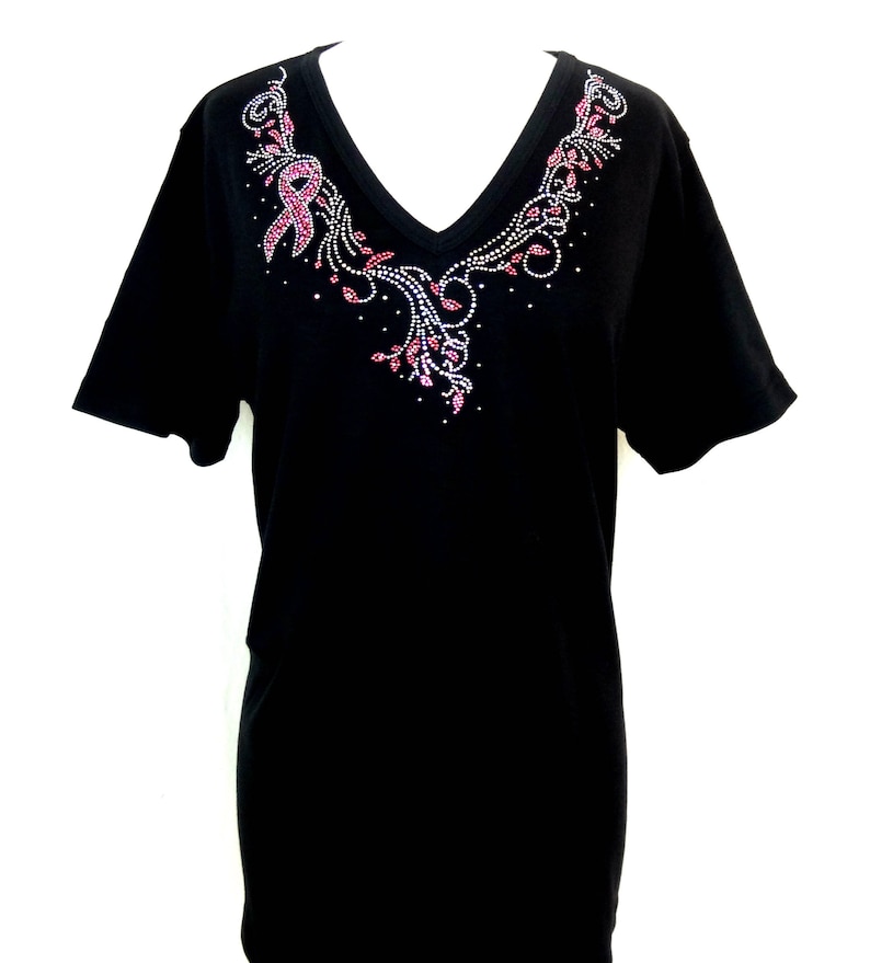 Embellished Rhinestone /& Stud Breast Cancel Ribbons Jeweled Neckline Short Sleeve Knit Top Available Sizes Small Up To Size 3X