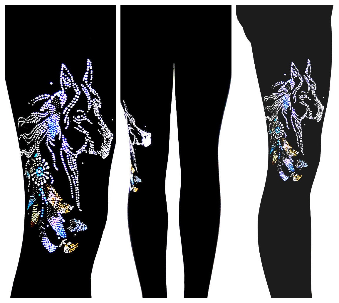 Regular Size Full Length Yoga Leggings Embellished All Rhinestone Crystal Stallion Horse With Feathered Mane Design