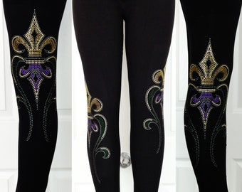 Regular Size Full Length Leggings Embellished Gold Mardi Gras French Fleur De Lis Design Etsy