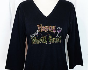 Hand Embellished Rhinestone Happy Mardi Gras Party Mask Cocktail 3/4 Sleeve V-Neck Knit Top Available Sizes Small Up To Size 3X