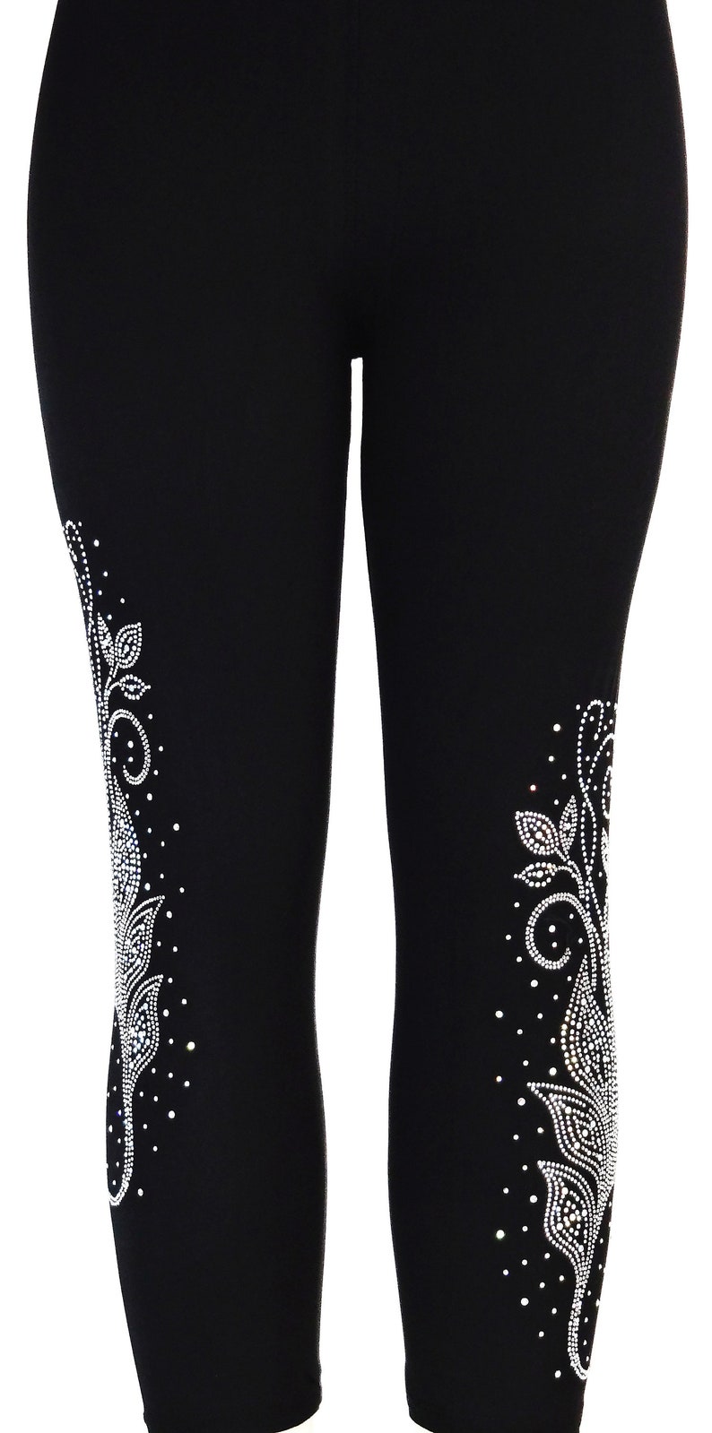 Regular Black Capri Length Leggings Rhinestone Embellished - Etsy