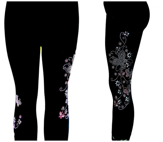 PLUS SIZE CAPRI LENGTH LEGGINGS EMBELLISHED RHINESTONE CRYSTAL BUTTERFLY FLORAL